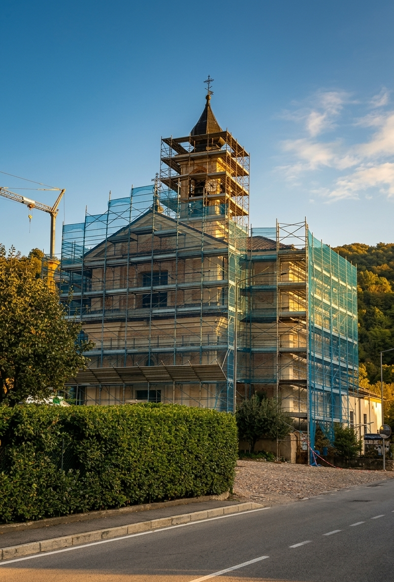 Campanile avvolto dal ponteggio con rete di protezione.